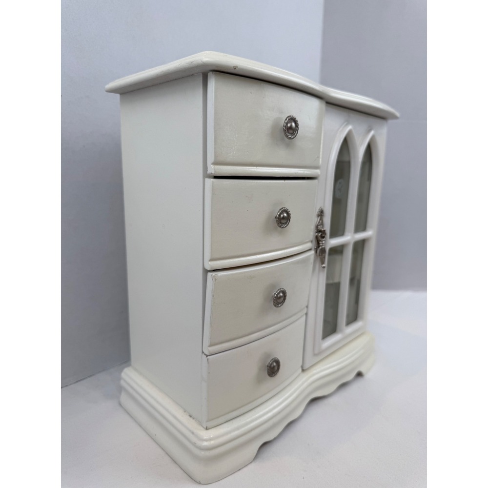 Vintage White Wooden Jewelry Armoire Cathedral Glass Door Tabletop Chest Mirror - Picture 4 of 14
